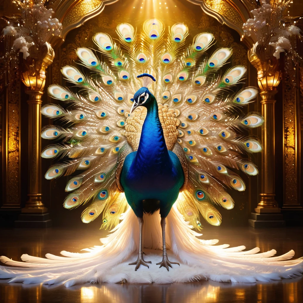 Peacock，Front upright，（Pure white body，White feathers，Gold pattern，Crystal sparkle），Peacock开屏，Looking at the audience，fantasy，Colorful tones，masterpiece，Dramatic ethereal beauty，Panoramic view：1.2，Three light sources，reflected light