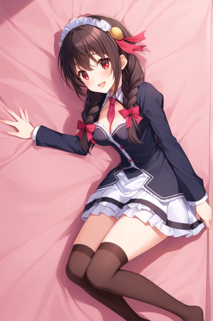 alone, One girl, (bridal carried:1.5)、Crown braids in the same color as your hair, hair ornaments, Hair Ribbon, Pink tie, Black long sleeve, Pink Skirt, Knee socks, Cleavage, bed、Black Hair、(Happy Face:1.5)、(blush:1.2)