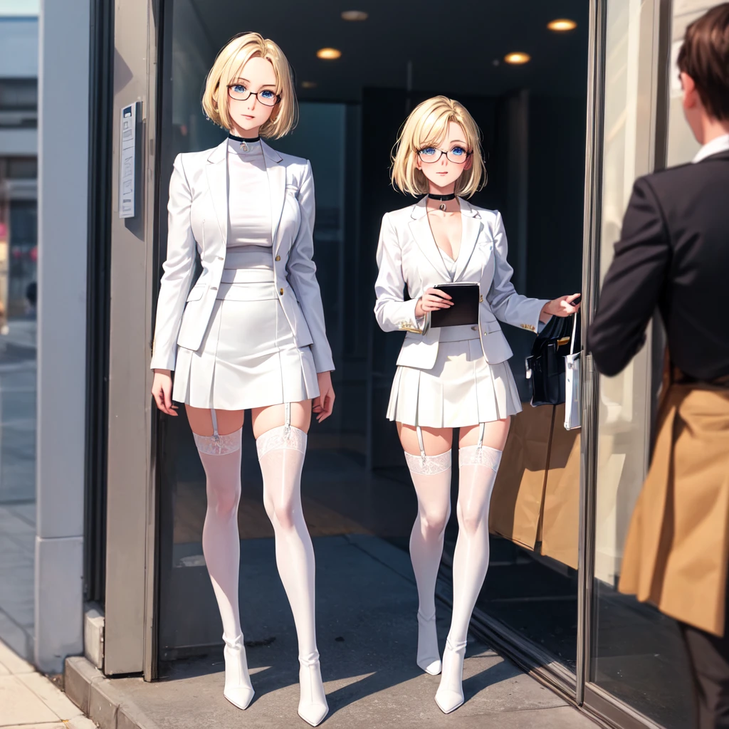 female, short straight blonde hair, blue eyes, white suit jacket, white skirt, long white high heel boots, black choker, no t shirt, medium , glasses, perfect face, blushing, in front of a window, stockings, garter
