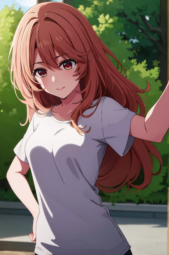 (masterpiece:1.3), (best quality:1.1), (8k, ultra detailed, ultra high res:1.2), ((anime style)), (perfect 5 fingers:1.1), perfect anatomy, 
1girl,
Miyako Saitou, 
BREAK long hair, wavy hair, 
BREAK strawberry blonde hair, 
red eyes, empty eyes, smile, t-shirt, 
BREAK (large breasts:0.9), looking at viewer, 
BREAK cowboy shot, standing, hand on own hip, 
outdoors, outside, sunny, summer, 