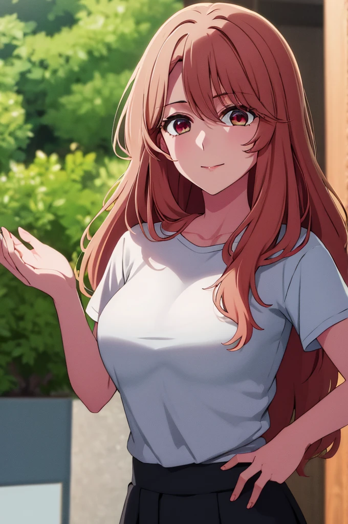 (masterpiece:1.3), (best quality:1.1), (8k, ultra detailed, ultra high res:1.2), ((anime style)), (perfect 5 fingers:1.1), perfect anatomy, 
1girl,
Miyako Saitou, 
BREAK long hair, wavy hair, 
BREAK strawberry blonde hair, 
red eyes, empty eyes, smile, t-shirt, 
BREAK (large breasts:0.9), looking at viewer, 
BREAK cowboy shot, standing, hand on own hip, 
outdoors, outside, sunny, summer, 