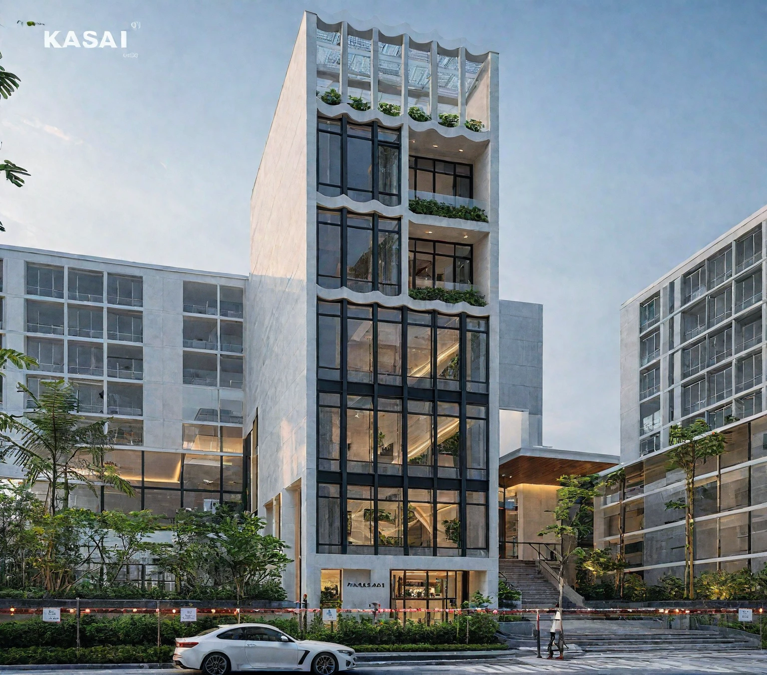 there is a white car parked in front of a tall building, office building, realistic building, precise architectural rendering, architectural rendering, full building, kasai, architectural 3 d render, architectural visualization, modern lush condo as shopfront, building facing, overall architectural design, architectural render, multistory building, single building, wide angle exterior 2022, realistic architecture