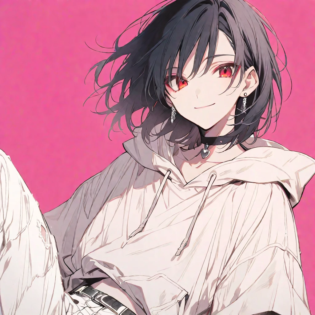 solo, handsome, monotone,
1. male,
Hime cut,Straight Hair,Bob Hair,
black hair,
Nakano Yotsuba,
red Eyes,Soft look,beautiful,beautiful,Sexy,Darkness,Lots of silver earrings,choker,
White Distressed jeans, hoodie ,smile,skin,Summer,
simple background ,
pink background,