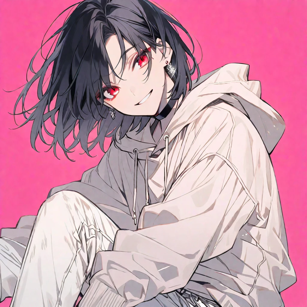 solo, handsome, monotone,
1. male,
Hime cut,Straight Hair,Bob Hair,
black hair,
Nakano Yotsuba,
red Eyes,Soft look,beautiful,beautiful,Sexy,Darkness,Lots of silver earrings,choker,
White Distressed jeans, hoodie ,smile,skin,Summer,
simple background ,
pink background,