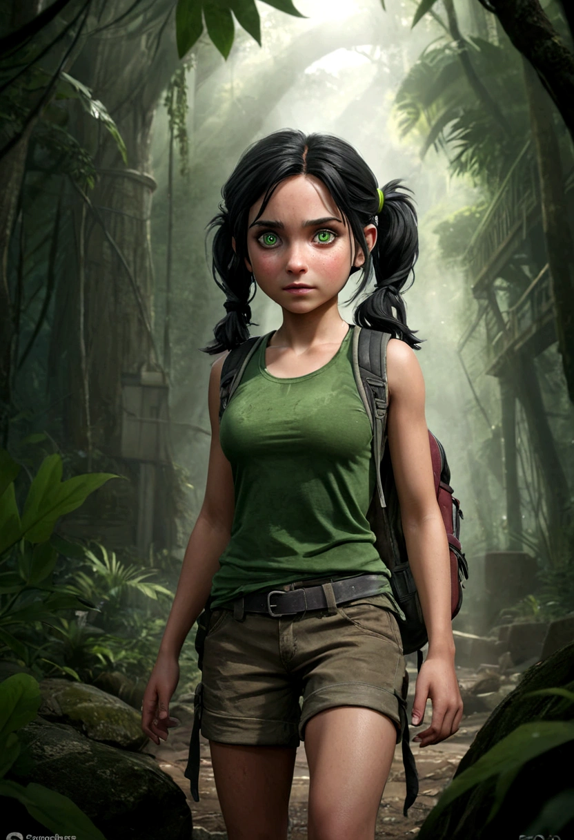 young 9-year-old daughter of severus snape,((highest quality)),(ultra high resolution),(Super detailed),(detailed description),((best CG)),(best work of art) ,black hair、radiant green eyes ,1 girl, solo ((best quality)), ((masterpiece)), (detailed), 4k, deep green skin, tiny pointy ears, 3 foot tall mature goblin woman with silver hair color, pigtails, ((green skin)) wearing tanktop, hiking shorts, hiking boots, backpack, wearing rainbow friendship bracelet and leather necklace, exploring dense dark jungle, foliage is getting caught on her clothes and ripping them, trying to get through dense jungle, very dark, moonlight through trees, ripped shirt, dynamic pose, action shot, cinematic still, cinematic lighting, working hard, torn clothing, straining to get through dense jungle, climbing, crawling