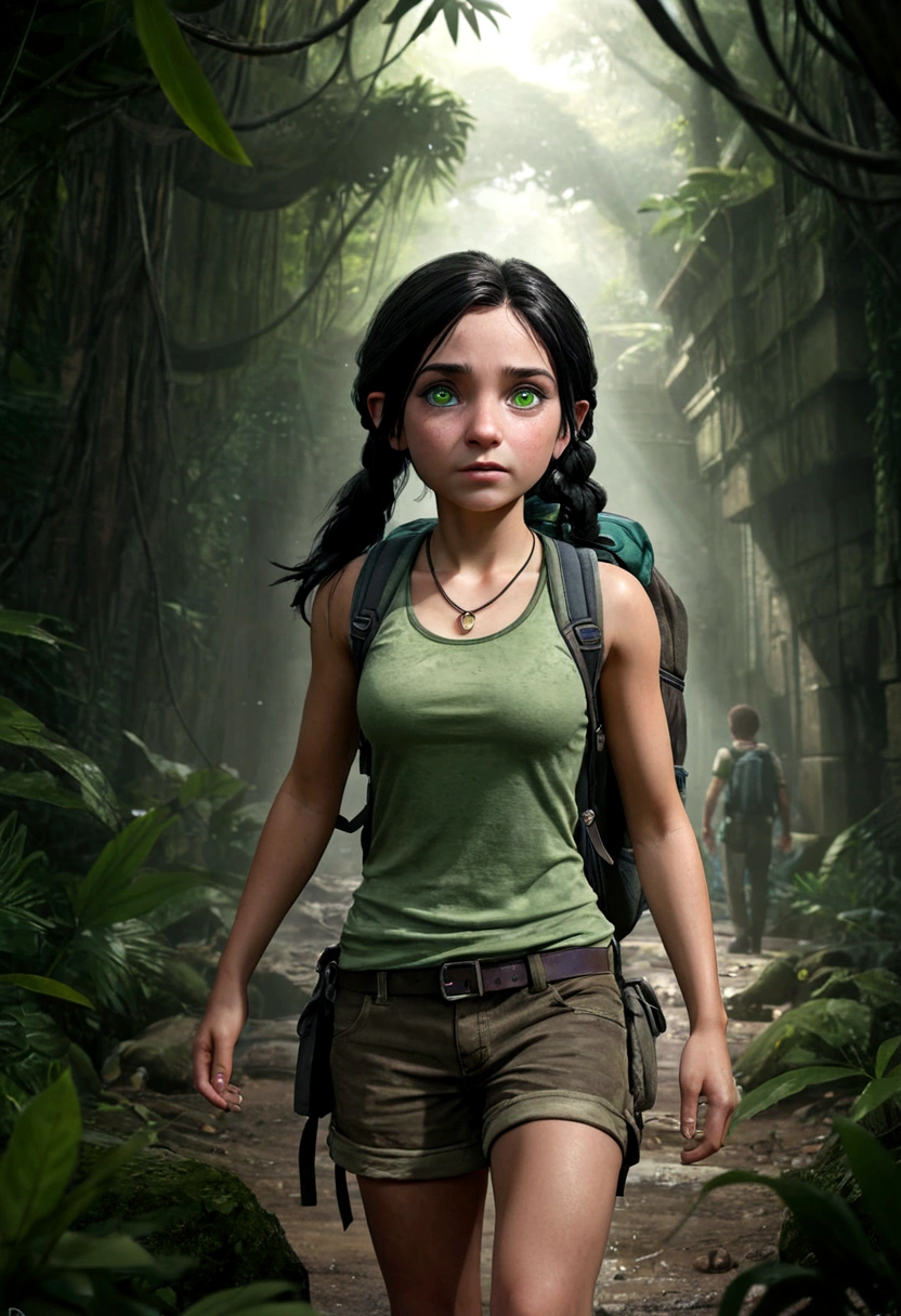 young 9-year-old daughter of severus snape,((highest quality)),(ultra high resolution),(Super detailed),(detailed description),((best CG)),(best work of art) ,black hair、radiant green eyes ,1 girl, solo ((best quality)), ((masterpiece)), (detailed), 4k, deep green skin, tiny pointy ears, 3 foot tall mature goblin woman with silver hair color, pigtails, ((green skin)) wearing tanktop, hiking shorts, hiking boots, backpack, wearing rainbow friendship bracelet and leather necklace, exploring dense dark jungle, foliage is getting caught on her clothes and ripping them, trying to get through dense jungle, very dark, moonlight through trees, ripped shirt, dynamic pose, action shot, cinematic still, cinematic lighting, working hard, torn clothing, straining to get through dense jungle, climbing, crawling