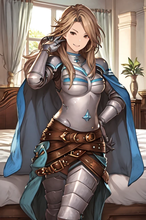 katalina (granblue fantasy), solo, 1girl, armor, gauntlets, belt, breastplate, gloves, shoulder armor, cape, pauldrons, pants, room, smile, standing, best quality, masterpiece, bedroom, laying back, bed