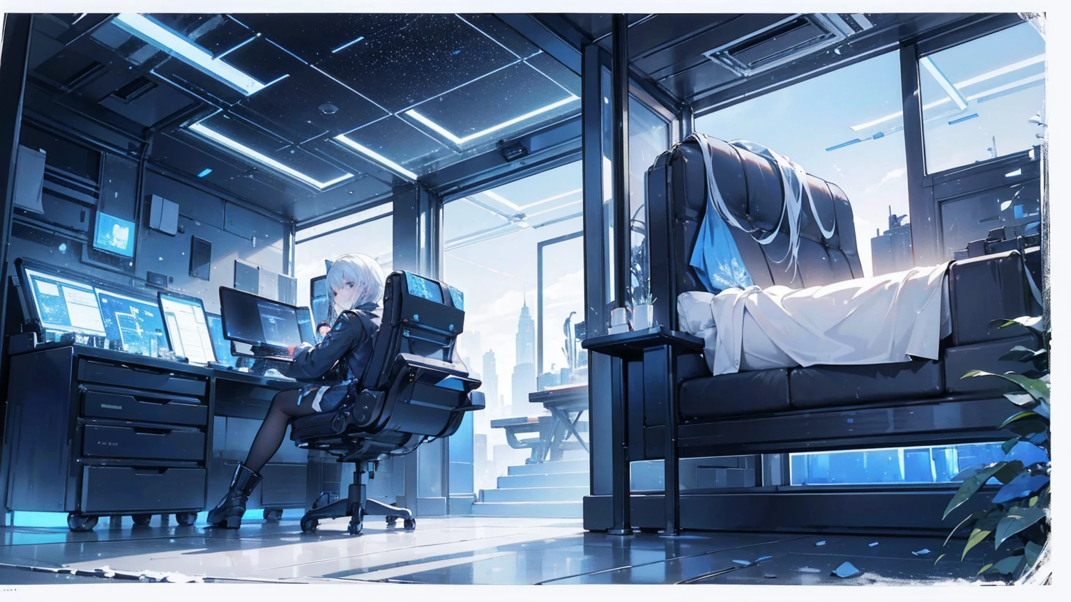 The image features a futuristic setting with sleek trains or high-speed transport vehicles, blue and black colors, illuminated windows, a desolate rocky landscape resembling a canyon, a dusky or night-time sky with a large moon in the background, and bursts of light, creating a dynamic atmosphere. The text "Paradigm" is visible in the lower left corner, along with Chinese characters "High-speed starship" (gāosù xīngjiàn) and "seatrus", suggesting advanced technology and an adventurous theme.