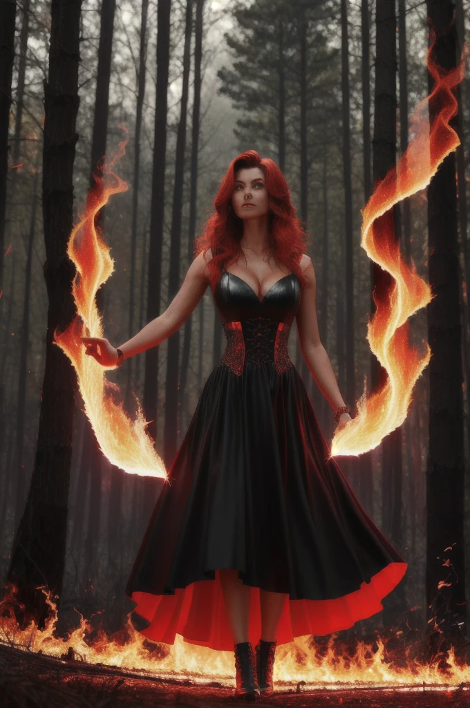 (Extremely detailed 8k wallpaper), a mid shot photo of a powerful sorceress in dark red dress walking in a burning forest at night, complex fire, highly detailed fire, dramatic scene, 25 years old girl, fit girl, cinematic lighting, fireflies, bokeh, smoke, large breasts, burning grounds, dark red and black leather sorceress dress, long red and black leather dress, dark night, fire in dark, in dark, forest at night, trees in flames, burning trees, forest in fire, forest fire, fire tornado, powerful sorceress, female mage, long skirt