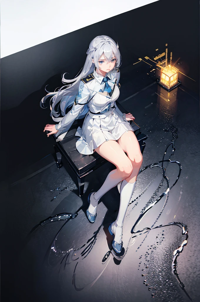 Silver Hair、Blue Eyes、Beautiful high school girl。uniform、Knee socks、
