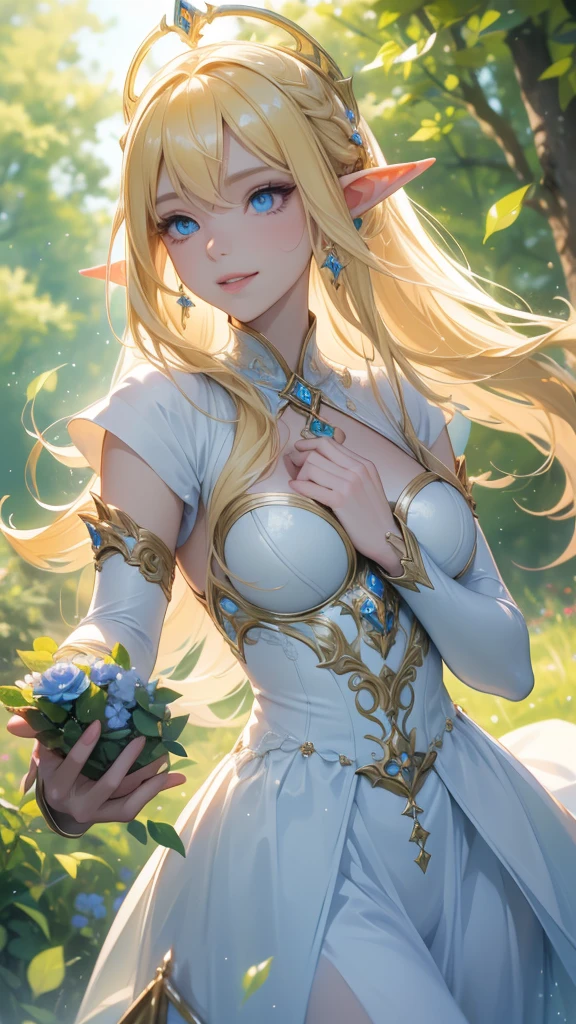work of art, ultra creative, epic details, ultra detaild, best resolution, Woman, blonde, (BEAUTIFUL ELF), crown with crystals ((rosto angelical)), sculptural body, clothes made with green leaves, ((perfect hands))), ((expression of happiness)), (Grinning), great smile, Simple smile, scenario:Enchanted Forest, (supper: running among the roses, wildflowers), no mistakes, (((epic details na face))), (((ultra perfect eyes)))