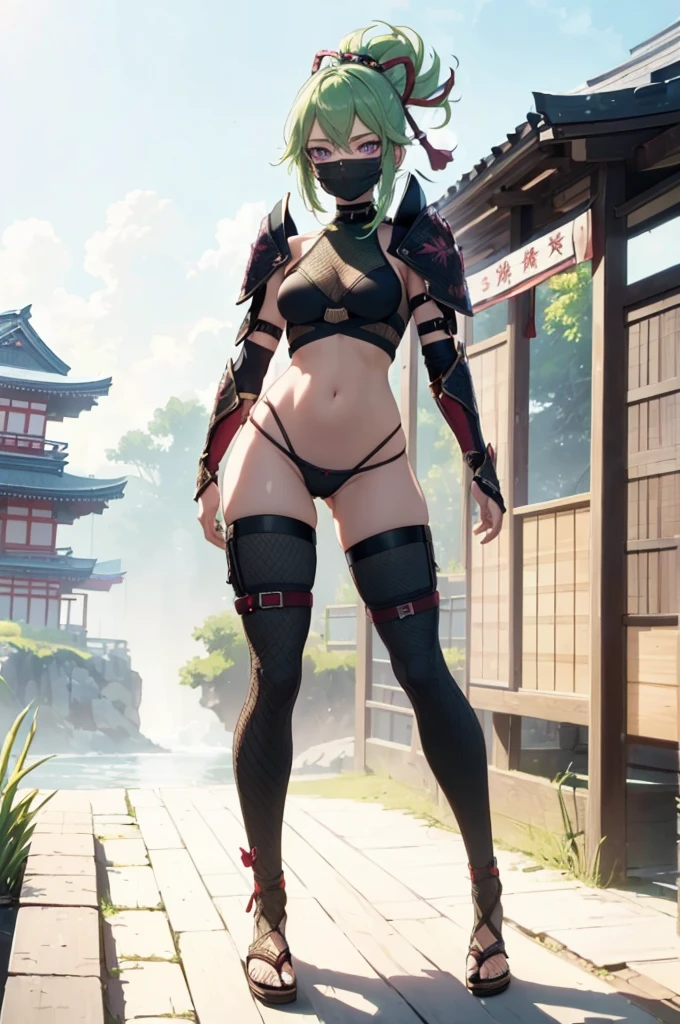 ((1girl, solo)), (((cowboy shot))), (legs apart:1.5), standing, beautiful body, (perfect anatomy, perfect body, perfect hands, perfect legs), natural proportions, sexy body, (large breasts:1.5), (full body, full-body shot, full body front:1.5) BREAK
((extremely detailed face)), (beautiful detailed eyes:1.6), (realistic pupils, realistic iris:1), expressive eyes, looking at viewer, (clear eyes:1.3), (hyperrealistic:1.2), (detailed skin texture:1.2), smooth skin, kuki shinobu, purple eyes, green hair, ((mouth mask)), perfect face, perfect eyes BREAK
ninja, (fishnet top:1.5), (crop top:1.5), cleavage, (cropped jacket:1.5), (shoulder armor:1.5), (arm guard:1.5), partially fingerless gloves, midriff, black panties, ((black thighhighs)), (((greaves))), sandals, (revealing clothes:1.5), (japanese armor:1.5), (samurai armor), (highleg panty straps:1.4), tassel, thighs, ass visible through thighs BREAK
outdoor, day, japanese building, east asian architecture BREAK
(masterpiece:1.5), anime-style, top quality, best quality, (beautiful and aesthetic:1.2), (ultra detail:1.5), Ultra-detailed depiction, Ultra-precise depiction, extremely detailed 8k illustration, high resolution, (highly detailed shading:1.2), (realistic lighting:1.4), perfect lighting, vibrant colors, dynamic tones, striking hues, 8k, absurd resolution, perfect shadows, hdr, UHD, ambient lighting, realistic, ultra-realistic, photo realistic, highly detailed, rich detail, luminous colors, fine texture, intricate design, professional illustration, (soft light:1.2), (illustration:0.7)