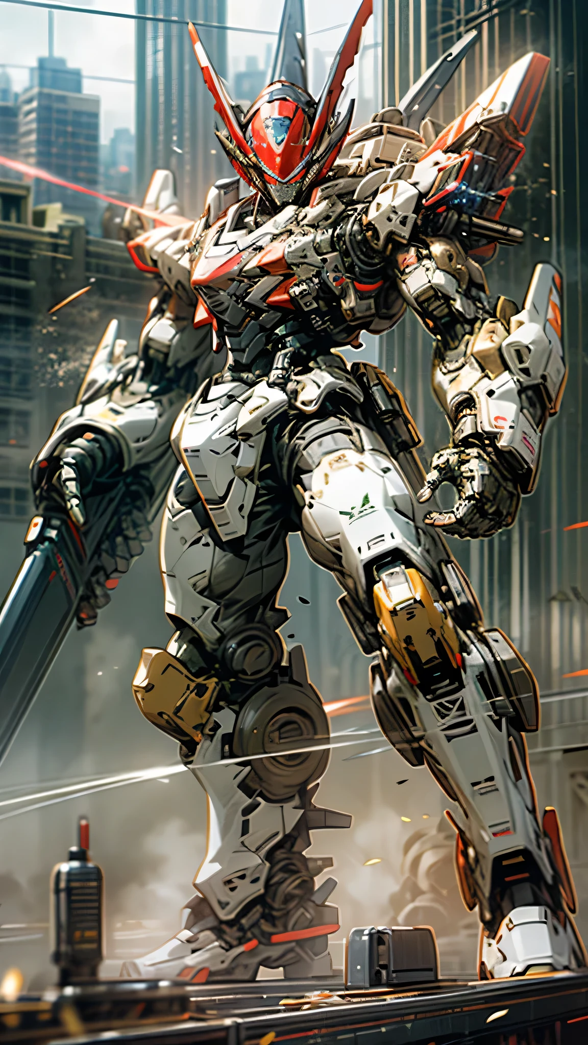 最high quality、Best image quality、masterpiece、Giant Mecha((Humanoid、Black body、Railgun、Body Armor、Jetpack、Red visor、Full burst、Laser firing,Covered in scars))high quality、Beautiful art、background((City)),Tabletop、Exquisite design、Visual Arts、Depth of written boundary、Best lighting、Highest detail、8k