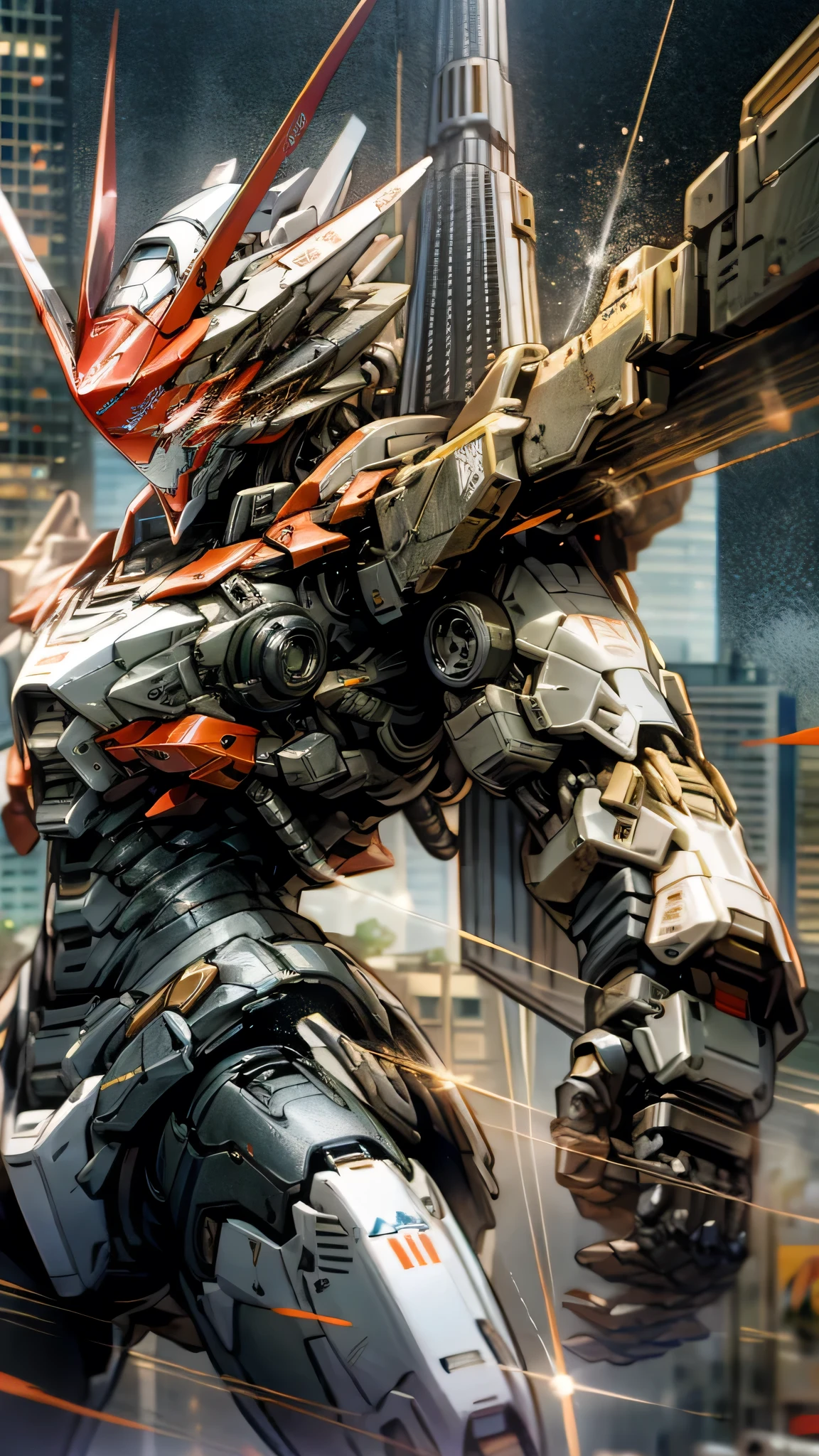 最high quality、Best image quality、masterpiece、Giant Mecha((Humanoid、Black body、Railgun、Body Armor、Jetpack、Red visor、Full burst、Laser firing,Covered in scars))high quality、Beautiful art、background((City)),Tabletop、Exquisite design、Visual Arts、Depth of written boundary、Best lighting、Highest detail、8k