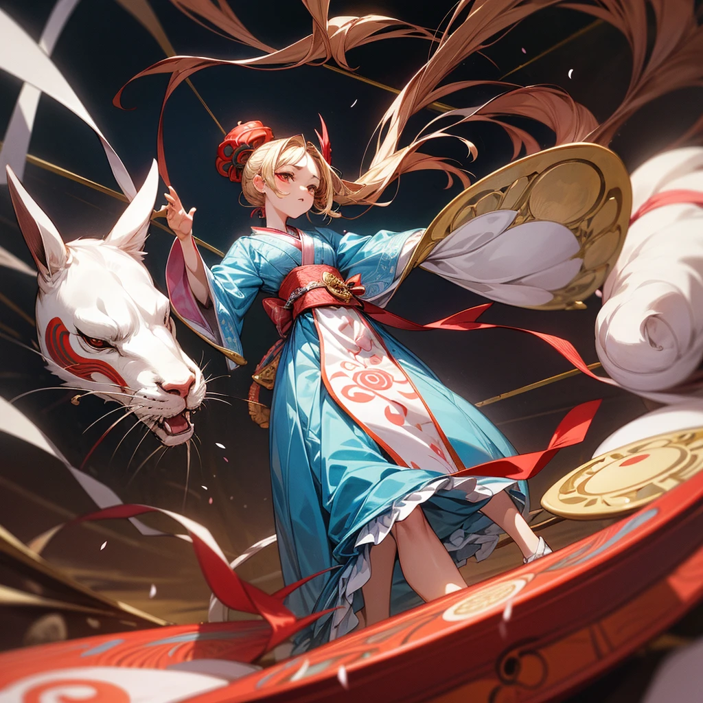 Alice from Wonderland in a cute anime style, with long flowing dark blonde hair, standing confidently in front of a fantastical, whimsical background reminiscent of Wonderland. She is wearing an enchanting kimono reminiscent of a Japanese oiran or geisha, with intricate patterns and vibrant colors, primarily in dark shades of cherry blossom pink, giving her an elegant yet demure appearance. Her outfit is elegant and traditional, emphasizing her feminine curves, particularly her chest and wide hips. Alice's pose should be reminiscent of a traditional oiran, exuding grace and allure, with a touch of modesty. Her companion is an adorable white rabbit dressed in a tuxedo, acting as a guide and jumping around playfully. The background should be richly detailed, with elements such as playing cards, chess pieces, round mirrors, and pocket watches to enhance the Wonderland atmosphere. The image should have an extremely high level of detail and delicate line work, surpassing previous limits to create the ultimate masterpiece, portraying Alice as a cool, stylish character with a unique blend of traditional Japanese beauty and fantasy elements.