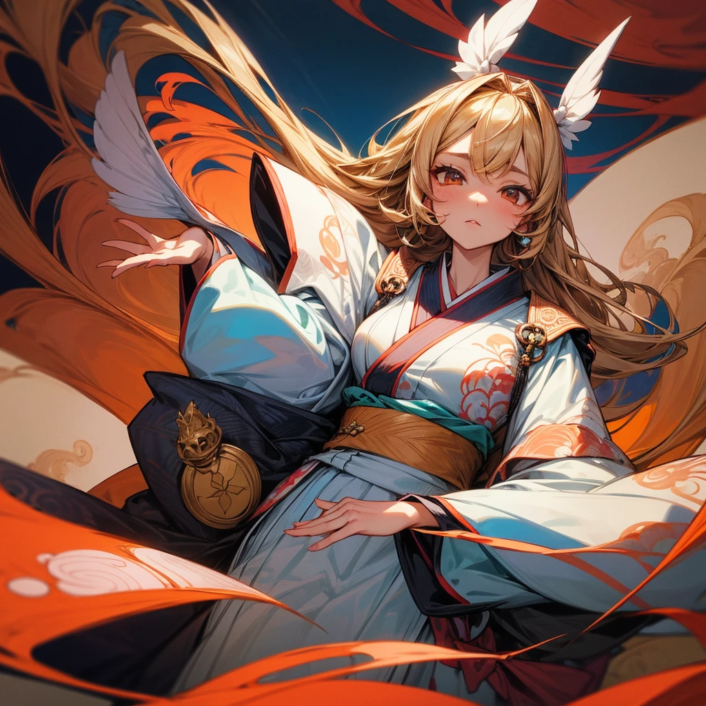 Alice from Wonderland in a cute anime style, with long flowing dark blonde hair, standing confidently in front of a fantastical, whimsical background reminiscent of Wonderland. She is wearing an enchanting kimono reminiscent of a Japanese oiran or geisha, with intricate patterns and vibrant colors, primarily in dark shades of cherry blossom pink, giving her an elegant yet demure appearance. Her outfit is elegant and traditional, emphasizing her feminine curves, particularly her chest and wide hips. Alice's pose should be reminiscent of a traditional oiran, exuding grace and allure, with a touch of modesty. Her companion is an adorable white rabbit dressed in a tuxedo, acting as a guide and jumping around playfully. The background should be richly detailed, with elements such as playing cards, chess pieces, round mirrors, and pocket watches to enhance the Wonderland atmosphere. The image should have an extremely high level of detail and delicate line work, surpassing previous limits to create the ultimate masterpiece, portraying Alice as a cool, stylish character with a unique blend of traditional Japanese beauty and fantasy elements. 