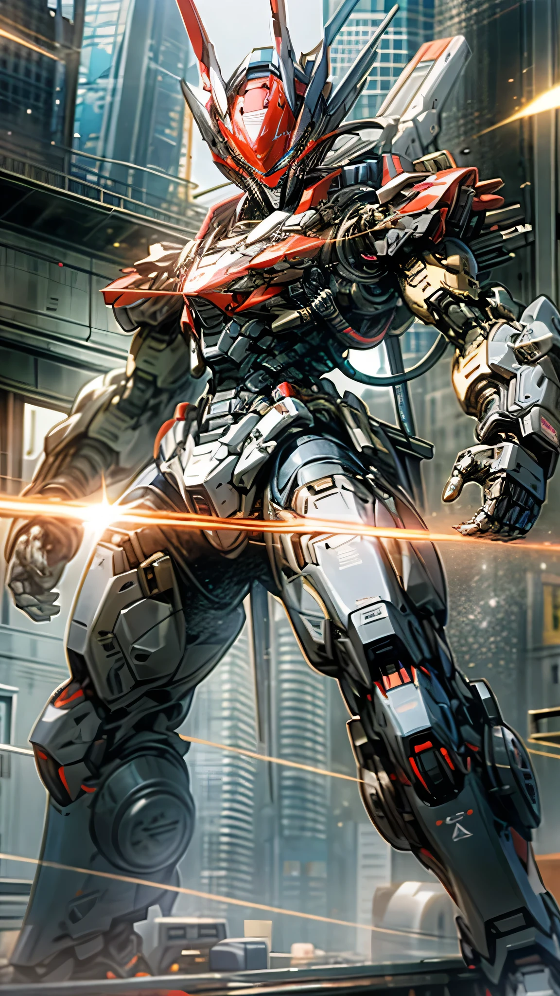 最high quality、Best image quality、masterpiece、Giant Mecha((Humanoid、Black body、Railgun、Body Armor、Jetpack、Red visor、Full burst、Laser firing,Covered in scars)）high quality、Beautiful art、background((City)),Tabletop、Exquisite design、Visual Arts、Depth of written boundary、Best lighting、Highest detail、8ｋ