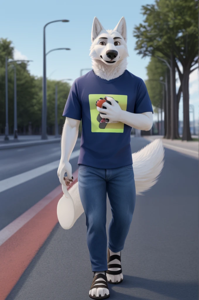 Varvara\(Moscow\), (white body:1.3), white fur, Brown eyes, Moscow, dressed, T-shirt, jeans, black heeled sandals dog, wolf, Detailed fur, Woman, breasts, anthro, paw pads, nails, treats guests, waves to the viewer, 5 fingers, paws, 4 fingers, ring, a white wolf cub walks with a newborn son, from Nextel, for dating, from a xenoforge, (complex, high detail, shooting, soft focus, RAW son walking, son,
Photorealism, realism, photorealism, digital style, Subsurface scattering,
masterpiece, Best quality, ultra realistic, 8k)