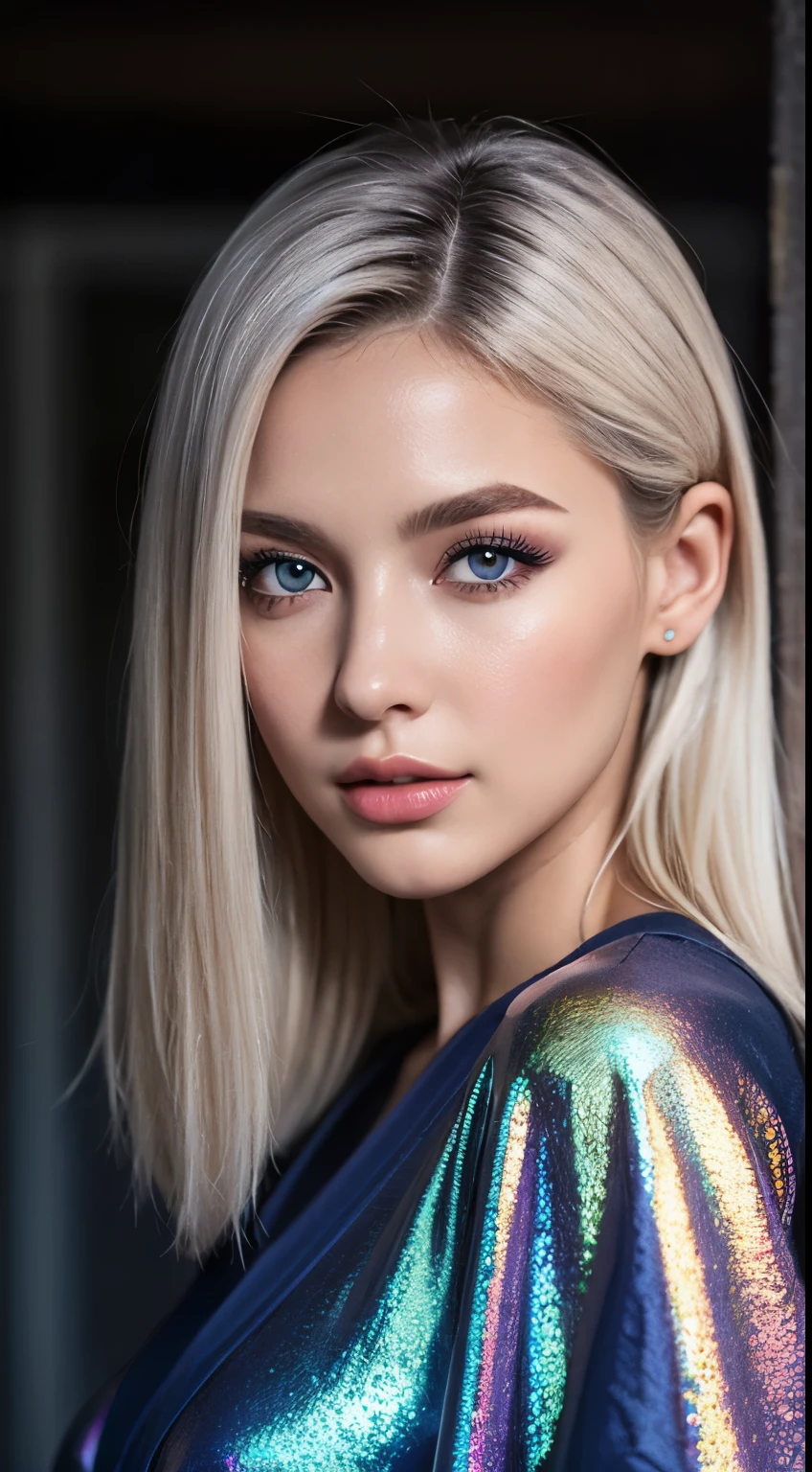 Hogwarts student girl, dark blue eyes, Ultra detailed beautiful woman, voluminous breasts, of a 27-year-old woman, Stunningly beautiful, silver blonde color hair, straight hairstyle, dark blue color iris of the eyes, very long eyelashes, Stunningly beautiful face, holographic, ultra detailed illustration, hit definition, Very bold and bright colors, 32K resolution, blue wizard robe, Best Quality, voluminous lighting, masterpiece, ultra realistic , High-quality detailing