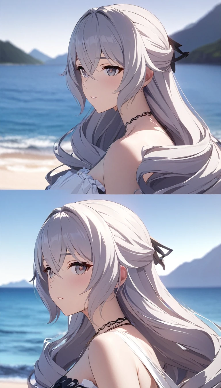 (((masterpiece))), (portrait), scattered light, Dynamic Shadows, Clear focus, detailed, Dress , Anatomically correct, A loving face, Beach with mountain background, looking off to the side, Bronya, whole body, Bronya,