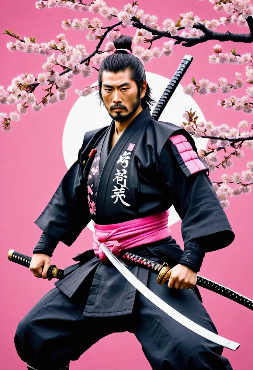 ninja samurai with pink cherry blossom background, with kanji japan.