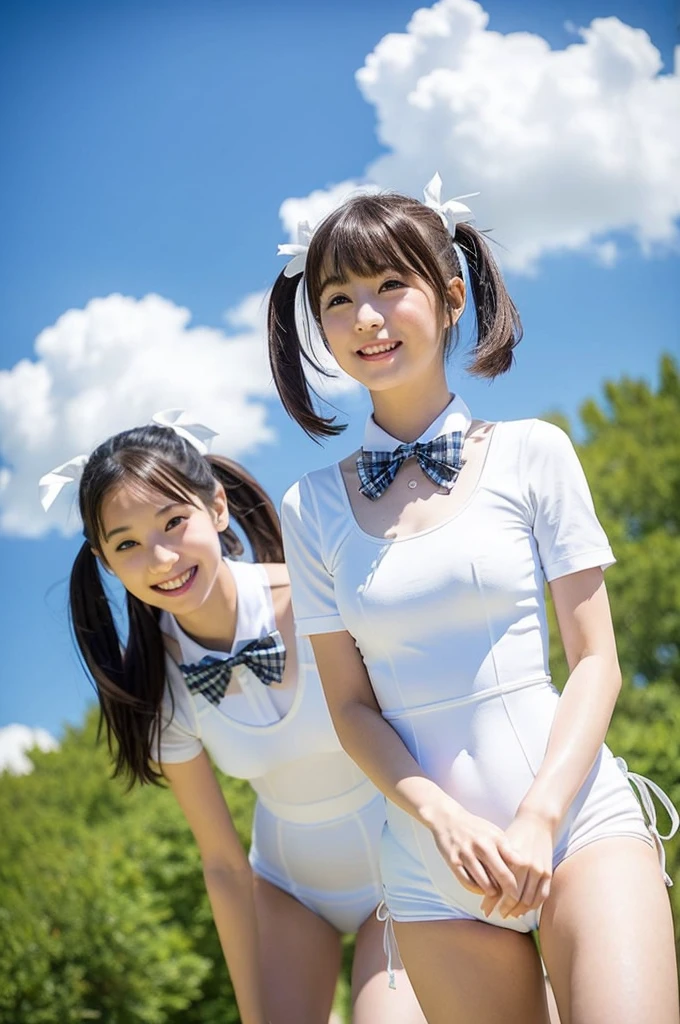 2 girls walking in school field,summer cloud in blue sky,white short-sleeved leotard with plaid bow tie,18-year-old,bangs,a little smile,thighs,knees,short hair with low pigtails bunches with ribbon bow,from below,front light