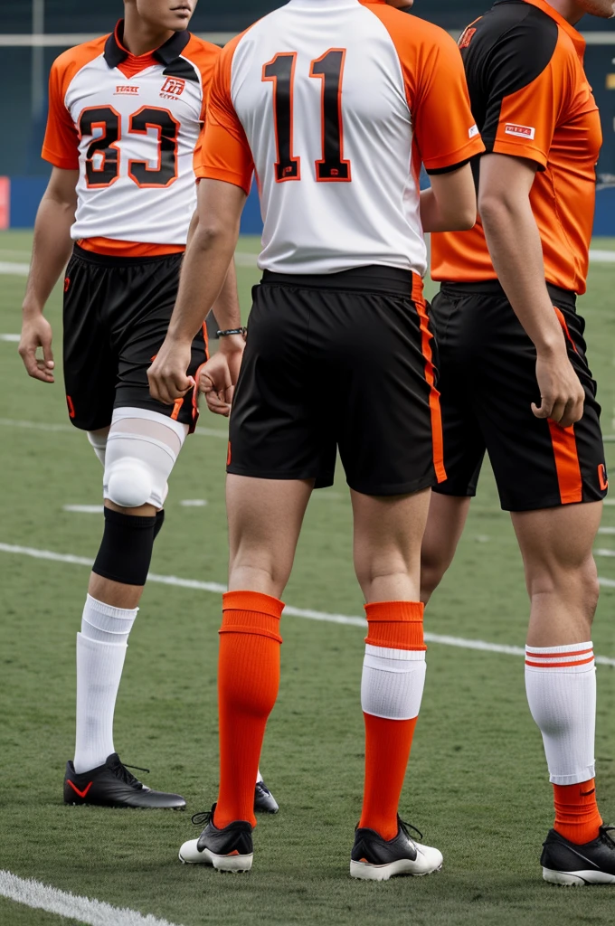 Football uniform of a team called “Triunfo” Clothing Holder Orange and White T-shirt, Black Shorts Black Stockings.
Clothing Alterna Polo Black with Red,White Pants and Red Socks 