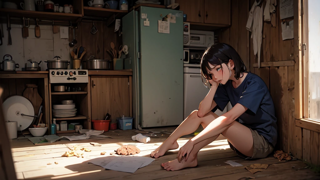 Sad crying sitting in the corner of a kitchen, worn out Brazil t-shirt, poverty, famine, misery, dirty body without showering, thousands of large insects flying.