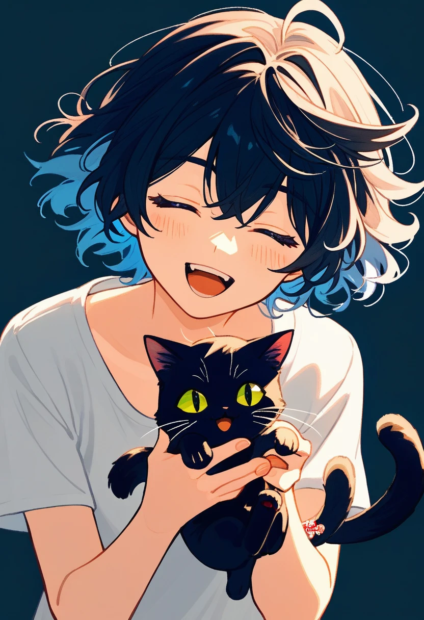 (score_9,score_8_above,score_7_above,score_6_above,S),1 girl,cloSed eyeS,SonriSa,holding ANIMAL,Open mouth,blush,holding,Solo,cat,white background,Pelo caStaño,aboveper body,ANIMAL,golpeS,short hair,dienteS,ingeStaS de cabello,frente al eSpectador,mangaS largaS,holding cat,aboveper dienteS only,:d,Simple background,black camiSa,camiSa,^_^,happy,