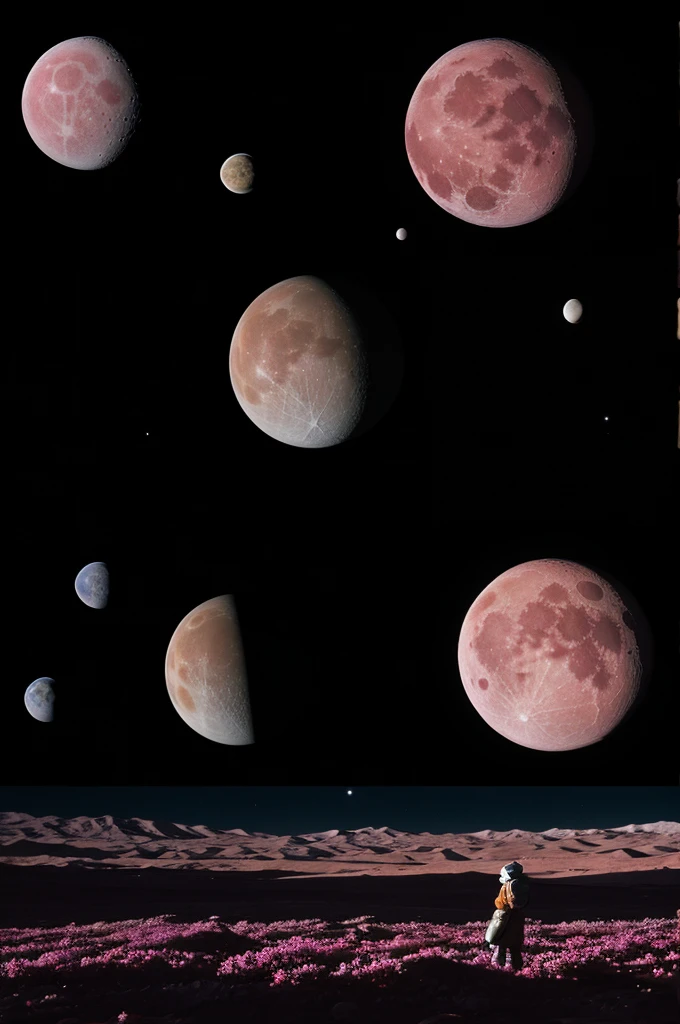 9 planets around an Apricot and magenta moon
