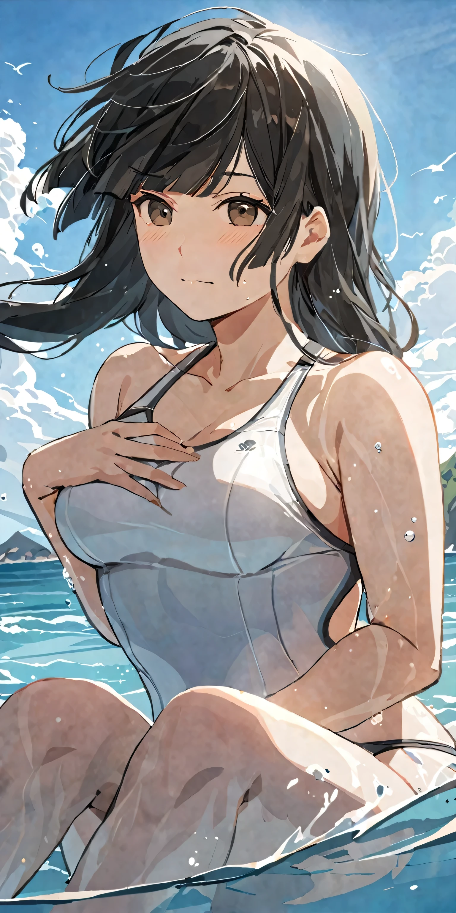 masterpiece,best quality, solo, eda, bangs, black hair, upper body,blue sky,cloud, shy expression, natural expression, medium breast, hot, thicc, swimsuit , ocean, water, she was sitting , she was posin, closed mouth, she is wearing white sando while swimming she is grabbing her chest, dynamic pose