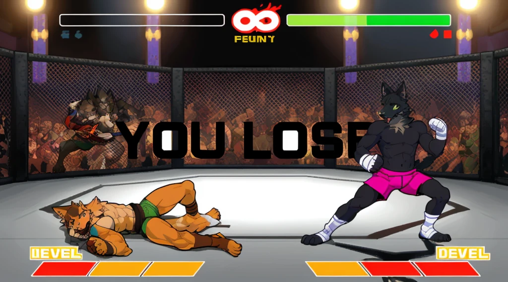 highres, absurdres(highly detailed beautiful face and eyes)perfect anatomy(kemono, furry anthro)(super handsome 2boys, pair)good lighting, cinematic shadow, detailed background, User Interface of Fighting game, dots game, pixel art, dungeon, Crisis, assorted poses, assorted expression, full body, sound effects, motion blur, from side, ((brown wolf, reddish-brown fur, gray shorts, knocked out on the floor)), (((black wolf, green shorts, fighting pose ))) “VS”