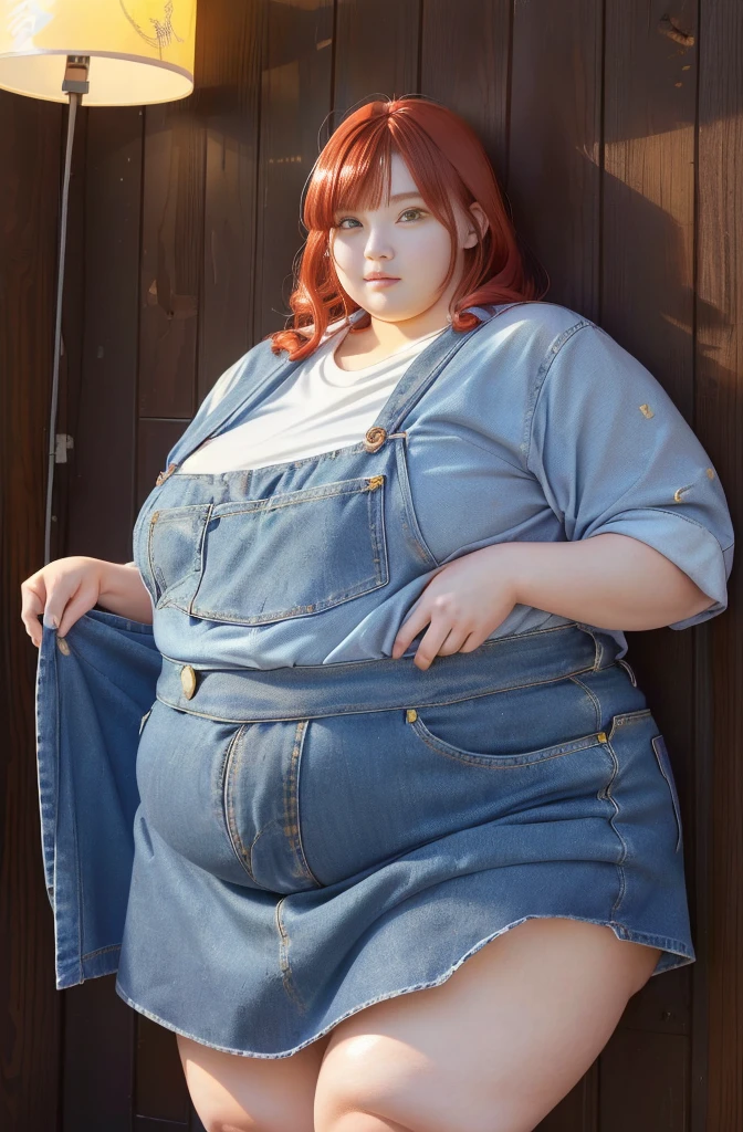 Makima from the anime "Chainsaw Man", bbwchan, whole body, beautiful and ultra detailed. ssbbw, morbid obesity, Red hair, yellow eyes, oily face, ultra detailed and soft face. Flowing white shirt, belly out, denim skirt, dynamic pose, Sun,