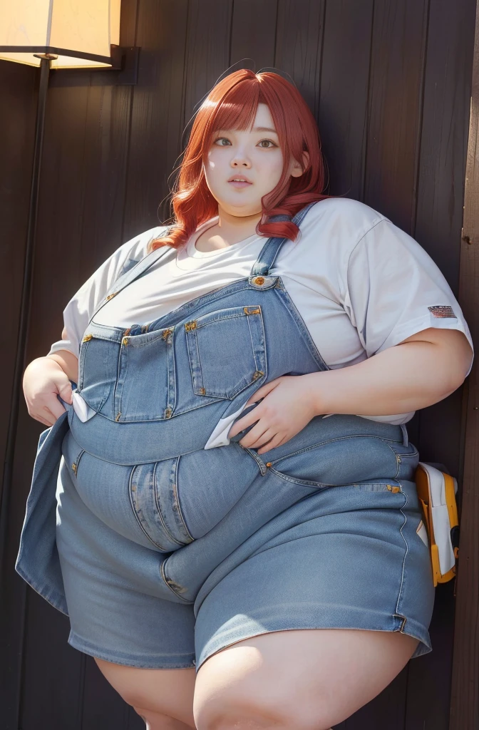 Makima from the anime "Chainsaw Man", bbwchan, whole body, beautiful and ultra detailed. ssbbw, morbid obesity, Red hair, yellow eyes, oily face, ultra detailed and soft face. Flowing white shirt, belly out, denim skirt, dynamic pose, Sun,