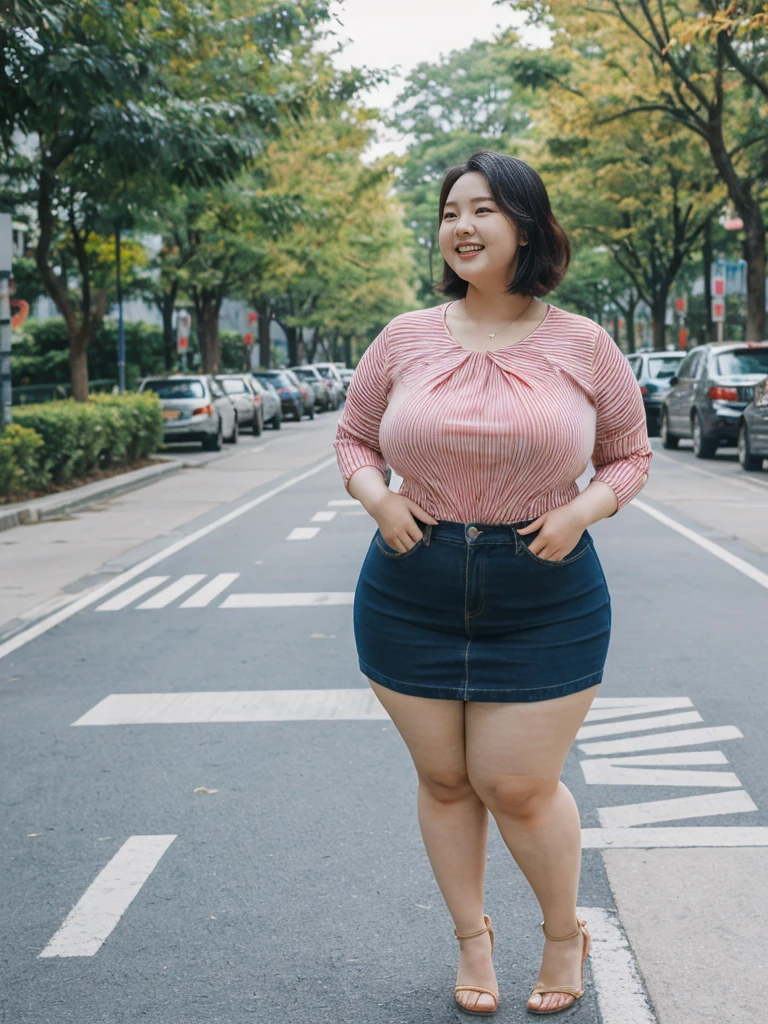 Jang Wonyoung, her name is Akira, hyperrealistic, high quality, 1girl, ((25-year-old chubby asian woman)), ((25 years old)), (((curvy body))), SHORT BOB, pose: standing, wearing stylish fashionable Generation-Z modern wear different colored, happy, laughing BACKGROUND: park