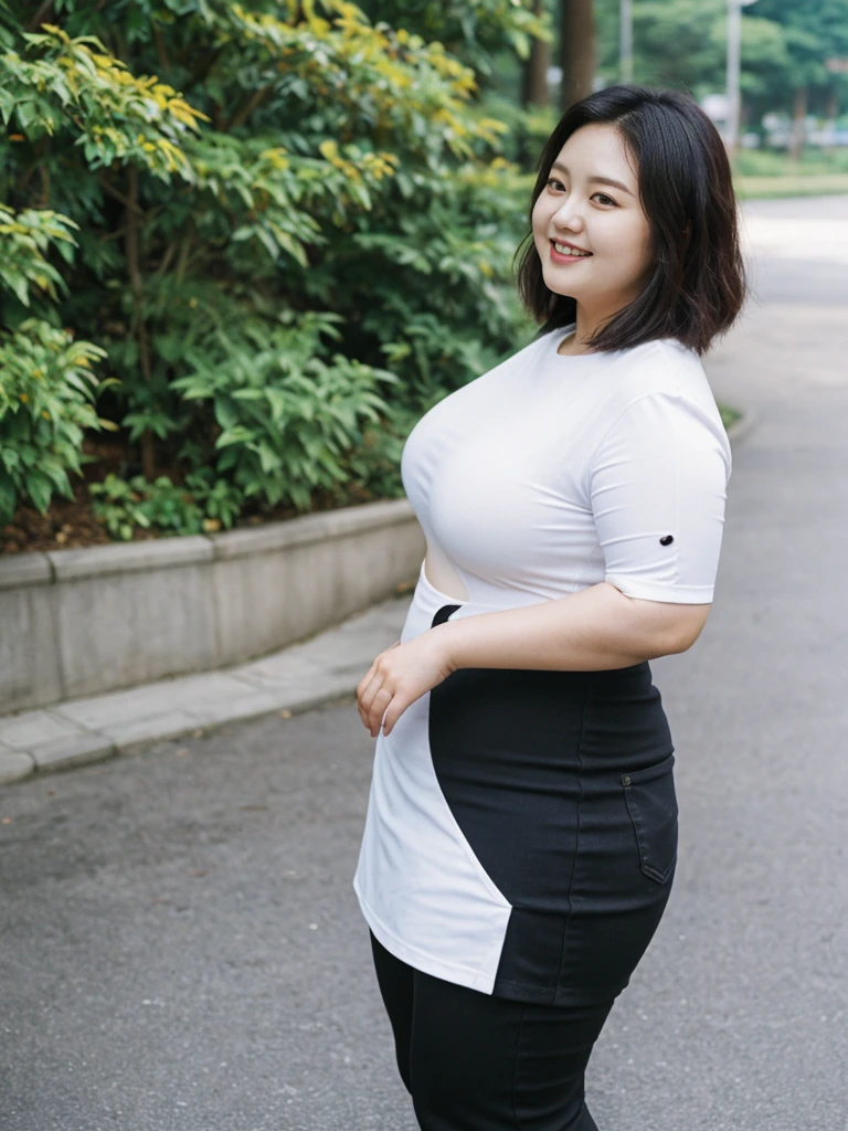 Jang Wonyoung, her name is Akira, hyperrealistic, high quality, 1girl, ((25-year-old chubby asian woman)), ((25 years old)), (((curvy body))), SHORT BOB, pose: standing, wearing stylish fashionable Generation-Z modern wear different colored, happy, laughing BACKGROUND: park