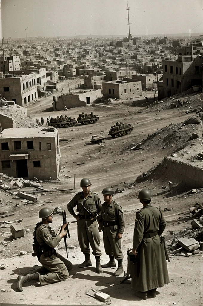 Conflict and Wars Post-1948
Capture a scene from the 1948 Arab-Israeli War, showing soldiers from both sides in conflict, with a backdrop of a city affected by the war, symbolizing the beginning of the ongoing struggle.