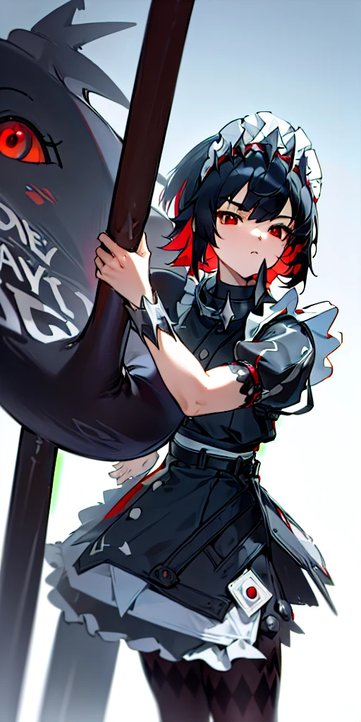 Anti-Joe, Ugly Joe, Black Hair, Colored undercoat, multicoloRed hair, (Red Eyes:1.3), Red hair, short hair, Two-tone hair,
rest bapron, black Pantyhose, black shirt, black skirt, ear punching, arrive, fish Tail, maid, maid apron, maid headdress, Pantyhose, punching, puffy Short sleeve, Puff sleeves, Shark Girl, shark Tail, shirt, Short sleeve, skirt, Tail, Two-tone hair, Wrist sleeves,
rest outdoors, City, Sky, cloud, sun, architecture, crowd, people, alley,
rest looking at viewer, (Cowboy shooting:1.5),
rest (masterpiece:1.2), best quality, high resolution, Unity 8K wallpaper, (illustration:0.8), (beautiful deTailed eyes:1.6), extremely deTailed face, Perfect lighting, extremely deTailed CG, (Perfect hands, Perfect anatomical structure),