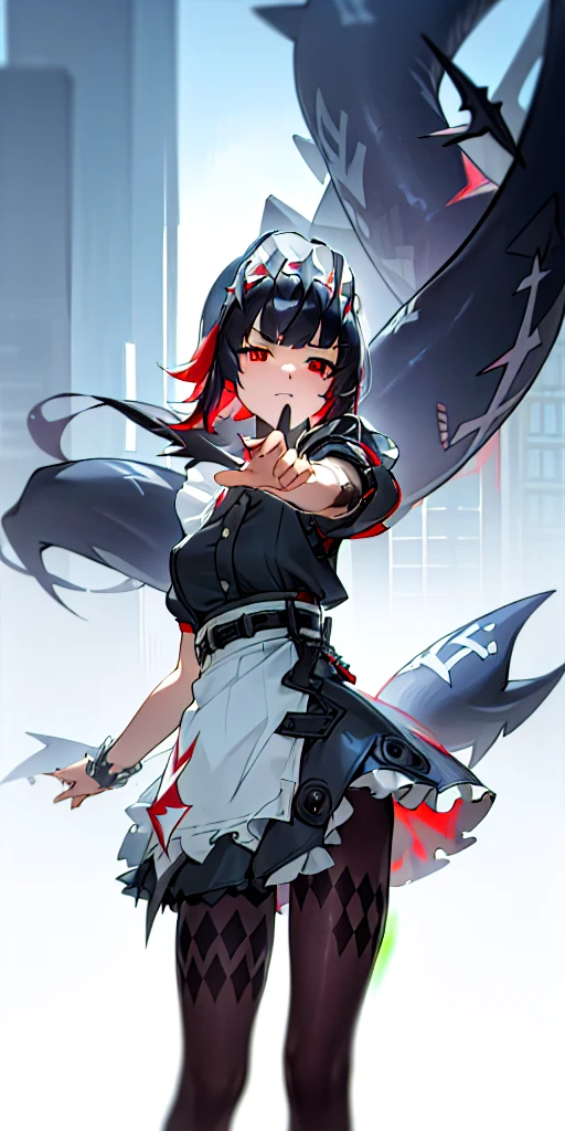 Anti-Joe, Ugly Joe, Black Hair, Colored undercoat, multicoloRed hair, (Red Eyes:1.3), Red hair, short hair, Two-tone hair,
rest bapron, black Pantyhose, black shirt, black skirt, ear punching, arrive, fish Tail, maid, maid apron, maid headdress, Pantyhose, punching, puffy Short sleeve, Puff sleeves, Shark Girl, shark Tail, shirt, Short sleeve, skirt, Tail, Two-tone hair, Wrist sleeves,
rest outdoors, City, Sky, cloud, sun, architecture, crowd, people, alley,
rest looking at viewer, (Cowboy shooting:1.5),
rest (masterpiece:1.2), best quality, high resolution, Unity 8K wallpaper, (illustration:0.8), (beautiful deTailed eyes:1.6), extremely deTailed face, Perfect lighting, extremely deTailed CG, (Perfect hands, Perfect anatomical structure),