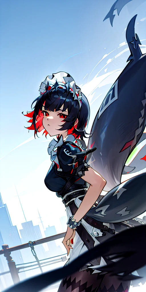 Anti-Joe, Ugly Joe, Black Hair, Colored undercoat, multicoloRed hair, (Red Eyes:1.3), Red hair, short hair, Two-tone hair,
rest bapron, black Pantyhose, black shirt, black skirt, ear punching, arrive, fish Tail, maid, maid apron, maid headdress, Pantyhose, punching, puffy Short sleeve, Puff sleeves, Shark Girl, shark Tail, shirt, Short sleeve, skirt, Tail, Two-tone hair, Wrist sleeves,
rest outdoors, City, Sky, cloud, sun, architecture, crowd, people, alley,
rest looking at viewer, (Cowboy shooting:1.5),
rest (masterpiece:1.2), best quality, high resolution, Unity 8K wallpaper, (illustration:0.8), (beautiful deTailed eyes:1.6), extremely deTailed face, Perfect lighting, extremely deTailed CG, (Perfect hands, Perfect anatomical structure),