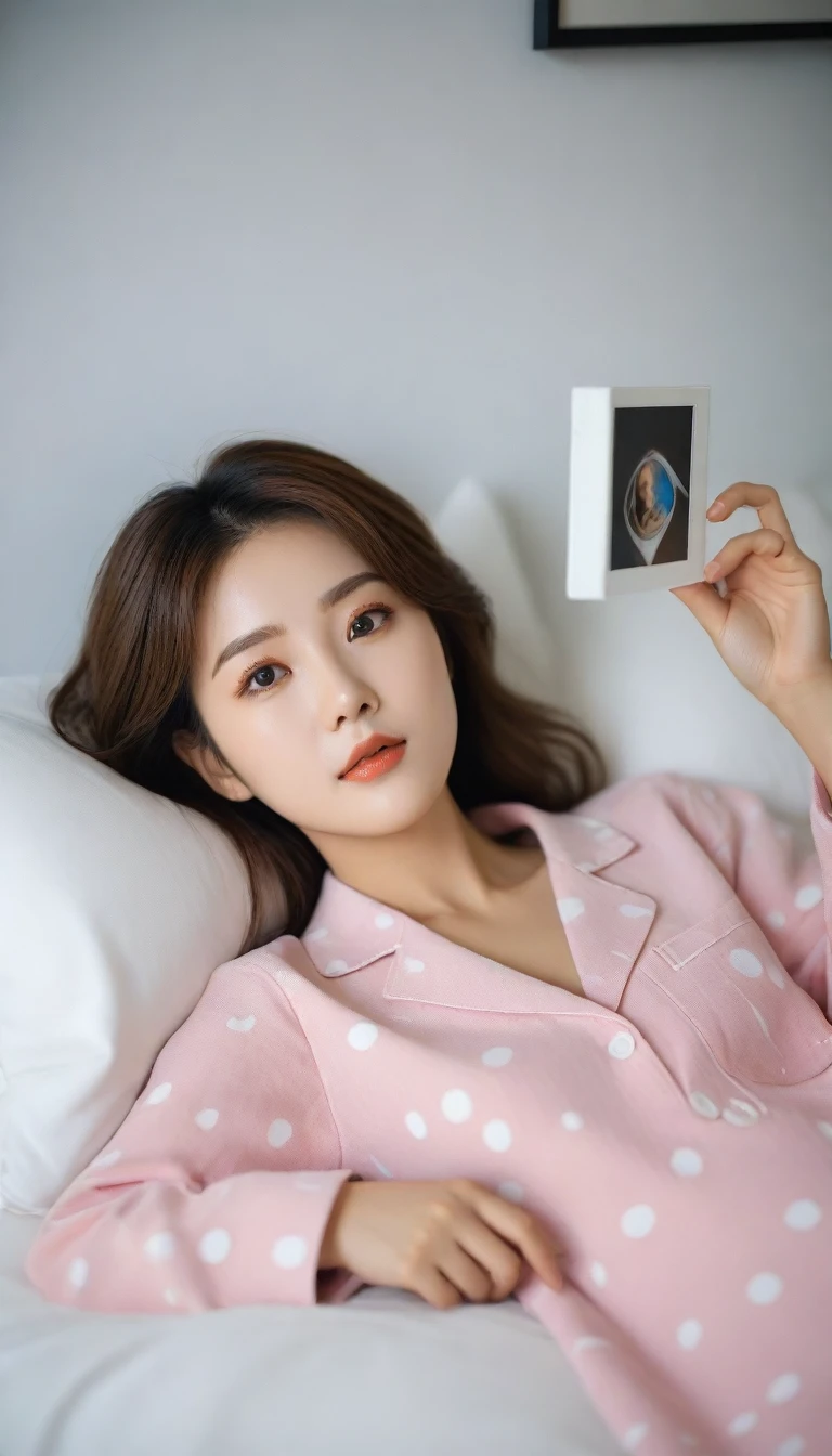 Close up of beautiful Korean woman, 34 inch chest size,Wearing pajamas, lying in bed and watching tv, polaroid photo, short hairUH