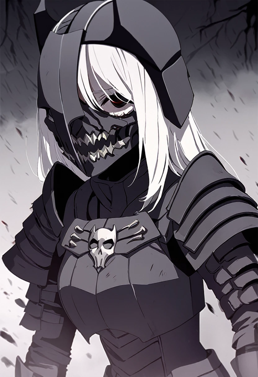 young woman, The Dark Knight, dark angular armor, creepy shoulder pads, gloomy plate gloves, black steel cuirass with designs, Long white hair, creepy face-hiding helmet, lower skull mask