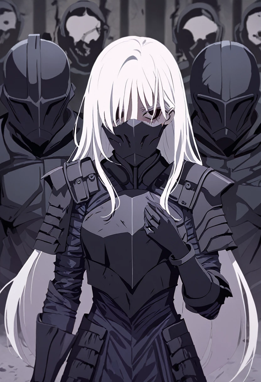 young woman, The Dark Knight, dark angular armor, creepy shoulder pads, gloomy plate gloves, black steel cuirass with designs, Long white hair, creepy face-hiding helmet, lower skull mask
