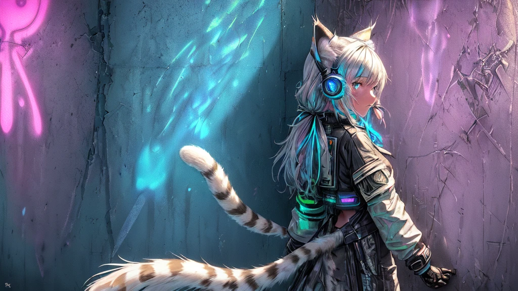 (work of art:1.2), best qualityer, (illustration:1.2), (ultra detali),eye focus,(Masterfully crafted shine, pink lens flare), (cinematic background), hyper details,(delicate detailed), (details Intricate), octane rendering, hdr, (hyperdetailed:1.15), (((colorfully))),(soft light:1.2), 1 girl,(lynx ears:1.3) , (Lynx girl), (cat tail:1.5), beautiful girl, ultra detailed eyes, mellow, fatter, thick, rainbow paint drops, paint tears, woman made up from paint, paint entirely, splash, Start, (out), (Bioluminescent Hair:1.5),(glare eyes:1.2), ((make up)),(CINEMATIC first work), ferocious, mighty, Startes of colour absolutely eye-catching, (cinematic lighthouse), (realistic jump lighting:1.2),((caustic)), dynamic angle, beautiful detailed glowing, ambient occlusion, ambient light, ray traced reflections,(better lighting, extremely delicate and beautiful), ((cinematic light)), (soft:2), (Eccentric:2) , intricate background, Vibrant, dreamy landscape, (painting graffit:1.3), (shiny tail), (painted city landscape), (Urban),(realistic urban fashion), (Expressive:1.2), Good shape, athletic , (mirrored world), (Long flowing black hair:1.1), wavy hair, (colorfully hair highlights),(Cyberpunk Techwear Moletom Japonês Streetwear Longline),(Cshoulder straps Cyberpunk Streetwear Kanji), glowing headphones, bonnet, (graffit wall), unfinished graffit, ghetto,(looking at the wall:2),black sweatshirt, (back wall present),(holding a spray can:1.3), (colorfully mist), buckles, belts, shoulder straps, a girl standing in front of a graffit wall, cyberpunk art, (by LAM), mika pikazo, graffit,  techwear jacket, black gloves, with buckle and ribbon