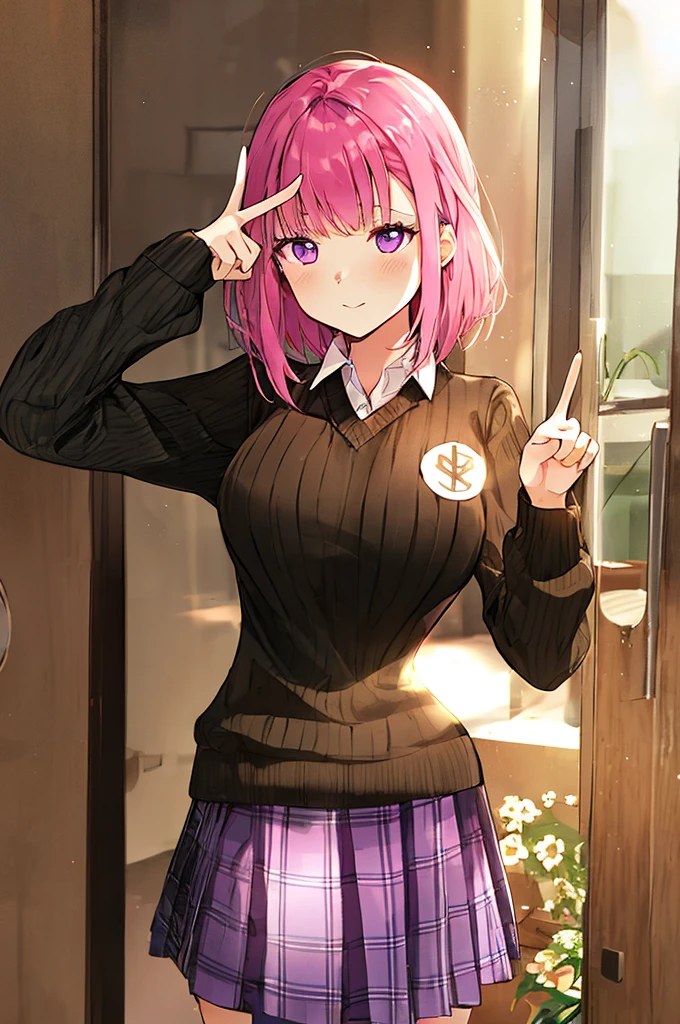 PH Momo, mother, Pmomo, alone, 1 girl,  pink hair, purple eyes, short hair, hair flower, sweater vest, , Big eyes, plaid skirt, black thighs,make peace sign, shy