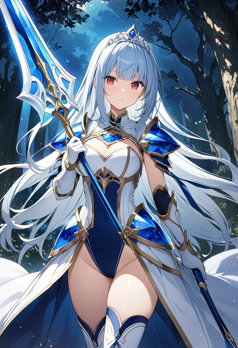 Highest quality、Very detailed、High resolution illustrations、Ultra-high-definition CG、８k size wallpaper、Production art、Light Novel Illustration、Midnight blue long straight hair、Platinum tiara with blue gemstones、Red eyes、(Tree Eyes), Cool and sharp features, Hime cut, 20～Female magical warrior, Around 24 years old.、white&gold breastplate、Blue and white leotard、(((With side armor and long slits、ブルーとwhiteゴールドで装飾されたペンシルスカート)))、Half puff sleeves with shoulder pads、A large white ribbon with a large sapphire on the chest、White and blue long gloves、White and blue thigh-high stiletto boots、whole body、He has a spear with a glowing blue blade