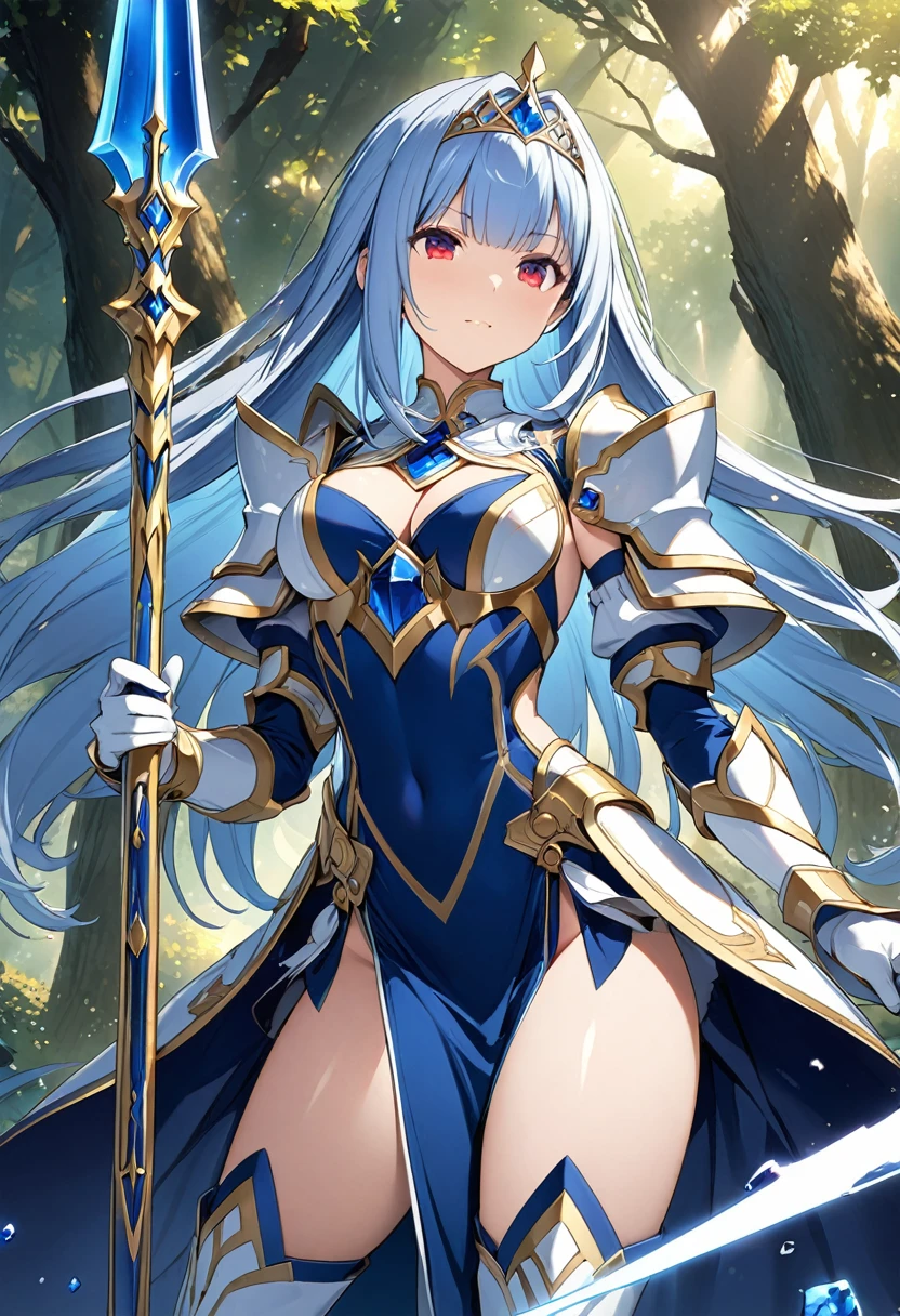 Highest quality、Very detailed、High resolution illustrations、Ultra-high-definition CG、8k size wallpaper、Production art、Light Novel Illustration、Midnight blue long straight hair、Platinum tiara with blue gemstones、Red eyes、(Tree Eyes), Cool and sharp features, Hime cut, 20~Female magical warrior, Around 24 years old.、white&gold breastplate、Blue and white leotard、(((With side armor and long slits、ブルーとwhiteゴールドで装飾されたペンシルスカート)))、Half ???? sleeves with shoulder pads、A large white ribbon with a large sapphire on the chest、White and blue long gloves、White and blue thigh-high stiletto boots、whole body、He has a spear with a glowing blue blade