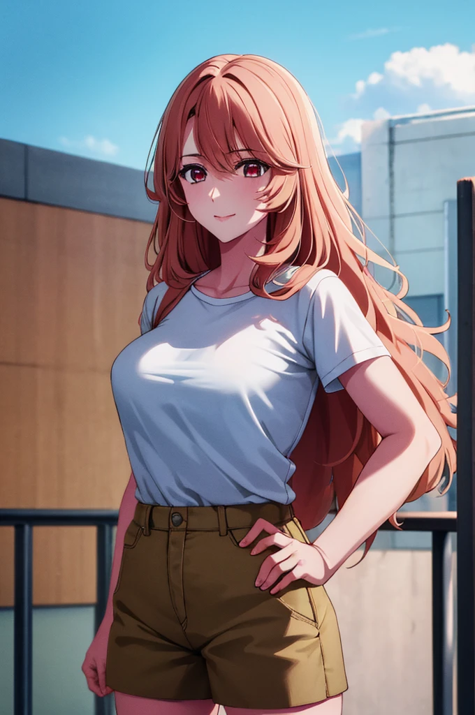 (masterpiece:1.3), (best quality:1.1), (8k, ultra detailed, ultra high res:1.2), ((anime style)), (perfect 5 fingers:1.1), perfect anatomy, 
1girl,
Miyako Saitou, 
BREAK long hair, wavy hair, 
BREAK strawberry blonde hair, 
red eyes, empty eyes, smile, t-shirt, shorts, 
BREAK (large breasts:0.9), looking at viewer, 
BREAK cowboy shot, standing, hand on own hip, 
outdoors, outside, sunny, summer, 