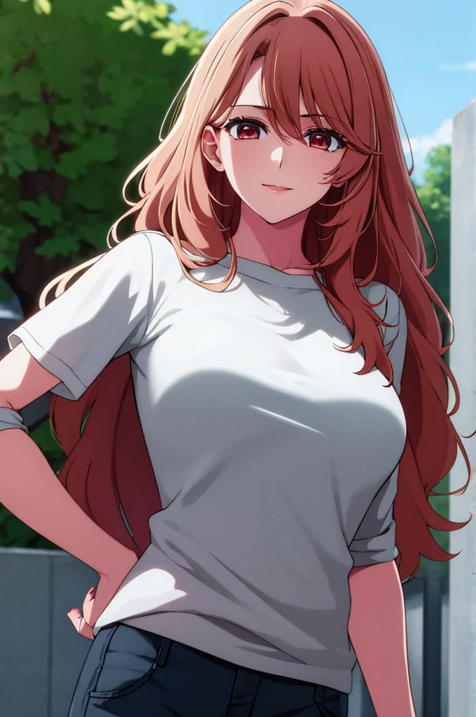 (masterpiece:1.3), (best quality:1.1), (8k, ultra detailed, ultra high res:1.2), ((anime style)), (perfect 5 fingers:1.1), perfect anatomy,
1girl,
Miyako Saitou,
BREAK long hair, wavy hair,
BREAK strawberry blonde hair,
red eyes, empty eyes, smile, t-shirt, shorts,
BREAK (large breasts:0.9), looking at viewer,
BREAK cowboy shot, standing, hand on own hip,
outdoors, outside, sunny, summer,