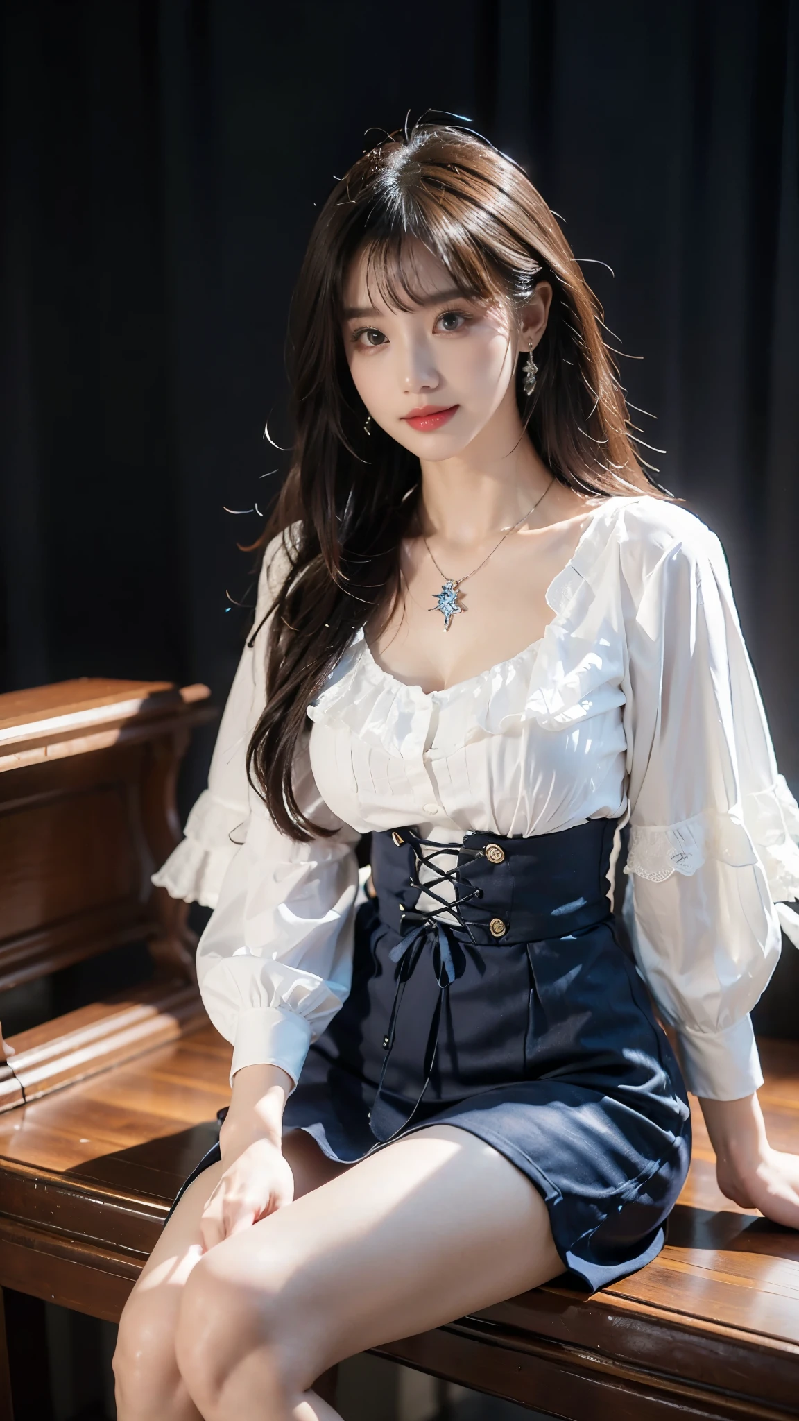cyb dress, collared shirt, long sleeves, necktie, capelet, frills, badge, long dress, ((whole body)), ((Shot from random angles)), ((Sitting)), (yushuxin,1 Girl,Solitary), Clear face, Pretty Face, 8K, masterpiece, original photo, best quality, detail:1.2,lifelike, detail, Very detailed, CG, Unite, wallpaper, Depth of Field, Movie Lighting, lens flare, Ray Tracing, (Extremely beautiful face, Beautiful lips, beautiful eyes), complex, detail的脸, ((ultra detailed skin)), 1 girl, in the darkness, Deep Shadows, Beautiful Korean girl, Korean Idol,(Very slim figure:1.3), Full breasts, Large Breasts, Slender sexy legs, Very beautiful legs, Elegant Posture, (A bright smile), (City night, (Neon), (night), Beautiful Korean girl, White Diamond Earrings, Bracelet diameter, Deya Necklace, Clear eyes, (big eyes)
